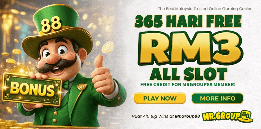 Banner promosi 365 hari free RM3 all slot · free credit MrGroup88 - mrgroup88my.io